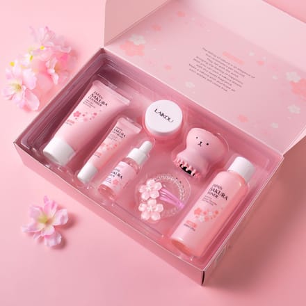 Premium LAIKOU Sakura 8-Piece Face Clean and Care Set as Birthday Gift 8 pc pink