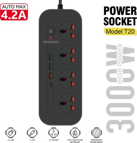 Premium Stekkerdoos met Schakelaar en USB - 4-voudig - 3 USB - 1 USB-C - 2 Meter Kabel - Geschikt voor EU, VK, VS
