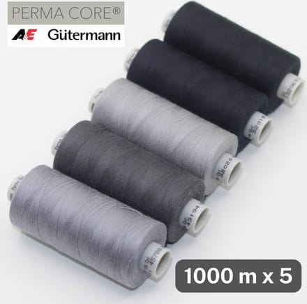 Gütermann Perma Core Naaigaren – 5 × 1000 m – Professioneel Kerngesponnen Polyestergaren – Grijstinten