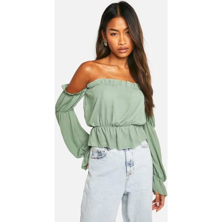 boohoo Dames Woven Volume Sleeve Ruched Bardot Top | Olijf | Maat: 34