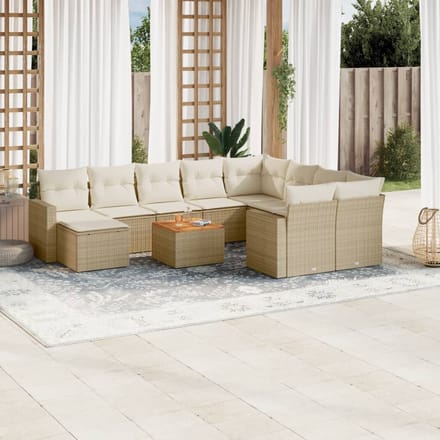 vidaXL - 11-delige - Tuinset - met - kussens - poly - rattan - beige