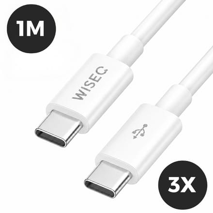 USB C kabel 1 meter - USB C naar USB C snellaadkabel 60W - 3 stuks - oplaad- en datakabel met USB C aansluiting - geschikt voor iPhone en Samsung - wit - WiseQ