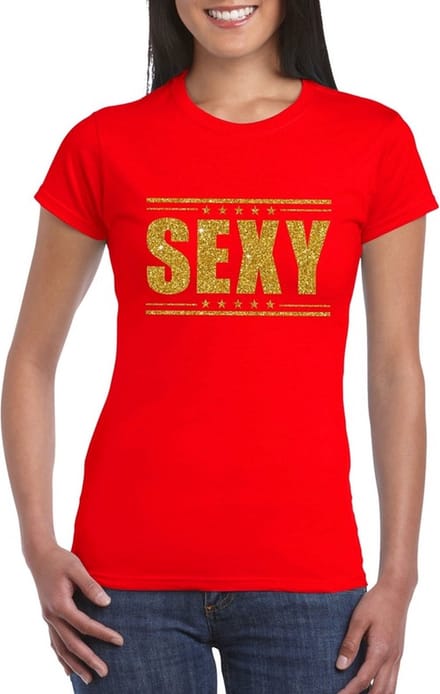 Rood Sexy shirt in gouden glitter letters dames M