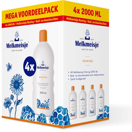 Melkmeisje Bad en Douche Creme Honing - 4x 2000 ml - Voordeelverpakking