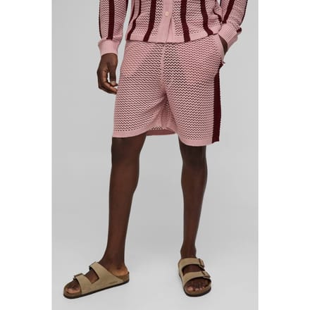 Relaxed Fit Side Stripe Open Stitch Knitted Shorts | Burgundy | Size Small