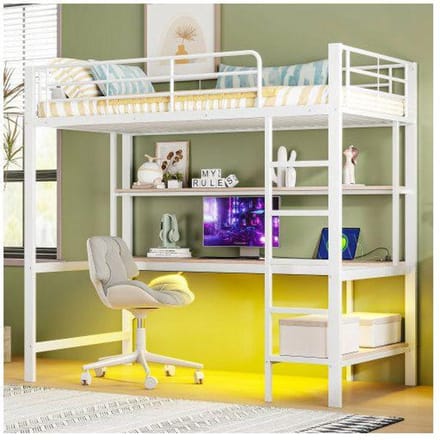 Lit mezzanine - MUVOE - 90x200 cm - Blanc - Prises USB et électrique - Éclairage 7 couleurs blanc