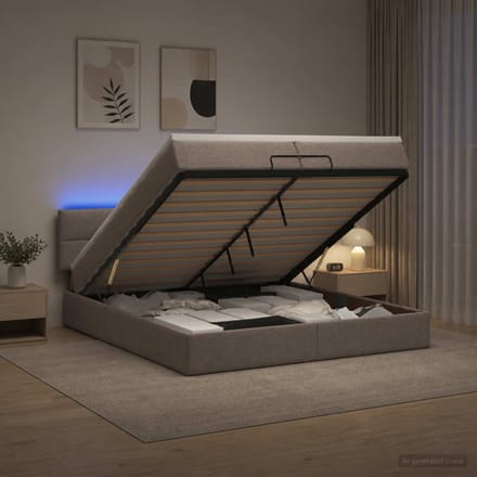 vidaXL - Ottomaanse - Bed - met - Matras - en - LED - Taupe - 200 - x - 200 - cm - Stof