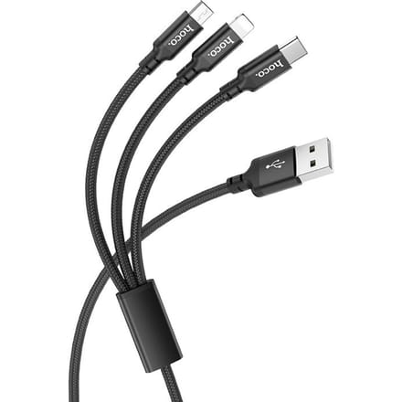 Hoco X14 - 3 in 1 Oplader Micro USB, Lightning en USB C - 2.4A Snellader - Zwart