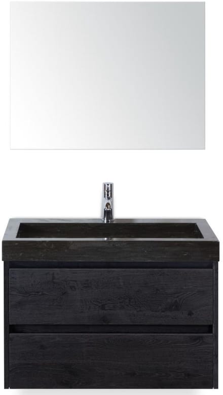 Dante Badmeubelset 80 cm - Black Oak - Wastafel Hardsteen Wit Lucca met Spiegel