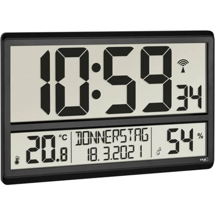 TFA Dostmann 60.4520.01 Wandklok Zendergestuurd 36 cm x 2.8 cm x 23.5 cm Zwart Groot display