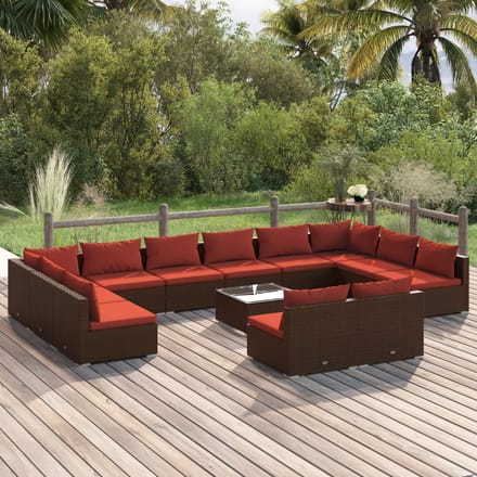 vidaXL - 13-delige - Loungeset - met - kussens - poly - rattan - bruin