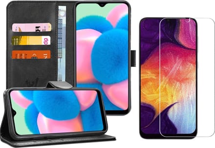 Hoesje geschikt voor Samsung Galaxy A30s - Screen Protector GlassGuard - Book Case Kunstleer Pasjeshouder Zwart & Screenprotector