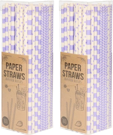 Excellent Houseware Papieren drinkrietjes - 200x - lila / paars - 20 cm