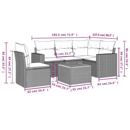 vidaXL - 6-delige - Loungeset - met - kussens - poly - rattan - beige
