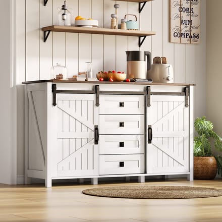Dressoir - 137 cm - Met Schuifdeuren En 4 Laden Vintage Stijl - Hout - Wit