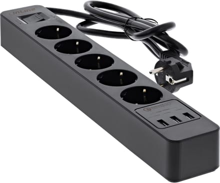 InLine stekkerdoos met 5 contacten en 3x USB - Quick Charge 3.0 / zwart - 1,5 meter