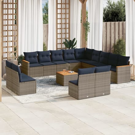 vidaXL - 14-delige - tuinbankset - met - kussens, - grijs - polyrotan
