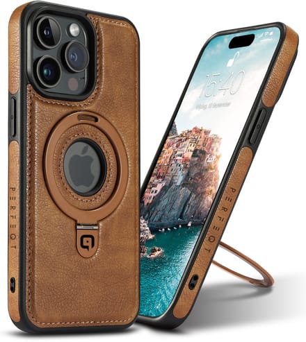 Perfeqt hoesje geschikt voor iPhone 15 Pro Max leren BackCover met Kickstand & Keyring houder - Brown