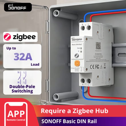 SONOFF Basic DIN Rail (BASIC-ZB1GSP) Zigbee Smart Schakelaar DIN Rail, Zigbee 3.0 Smart Home Bediening met Energiemeting, 32A voor Groepenkast, Werkt met Home Assistant Alexa SmartThings