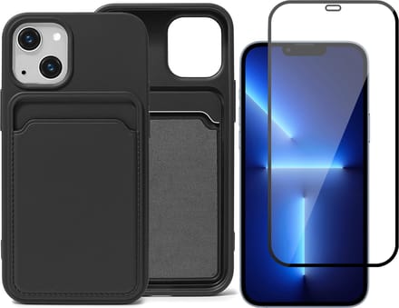Zwart Pasjeshouder Hoesje geschikt voor Apple iPhone 13 Mini - Screenprotector Glas - Backcover