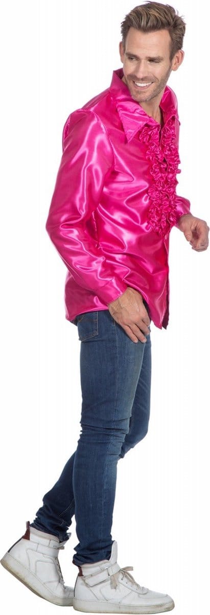Ruchesblouse satijn cyclaam - Maat 60