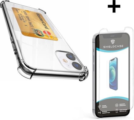 ShieldCase Shock case met pasjeshouder geschikt voor Apple iPhone 12 / 12 Pro - 6.1 inch + glazen Screen Protector - ruimte voor pasjes - strak design - transparant