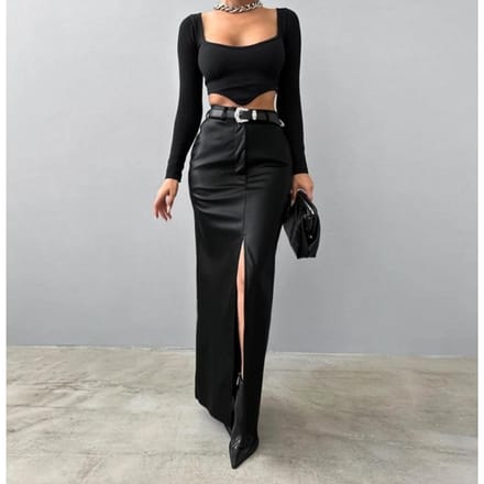 Dames Leer Design Split Effen Kleur Hoge Taille Simpele Leer Slanke Rok L