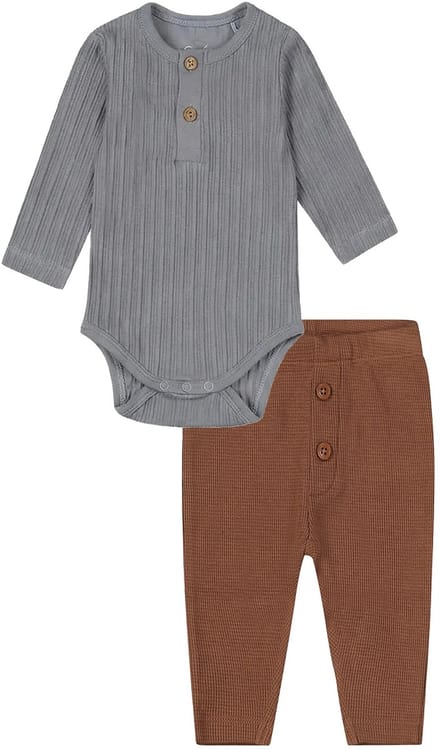 Dirkje - Kledingset - 2 delig - Broek Bruin - Romper blauw met opasluiting - Maat 50