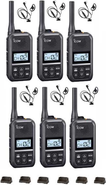 Set van 6 Icom IC-U20SR IP54 mini Portofoon met tafel lader en D-shape oortje