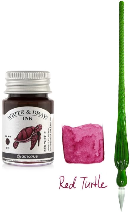 Glaspen - Glazen Dip Pen set in doosje - Groen - Potje Octopus inkt red turtle