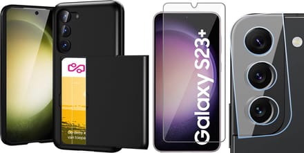 Hoesje met Pasjeshouder geschikt voor Samsung Galaxy S23 Plus - Screenprotector GlassGuard & Camera Lens Screen Protector - Back Cover SlideCase Zwart