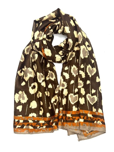 Lange dames sjaal Maria luipaardprint panterprint beige oranje bruin goud
