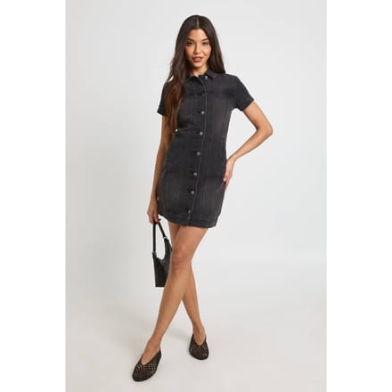 boohoo Dames Western Denim Korte Mouwen Mini Jurk | Washed Black | Maat: 34