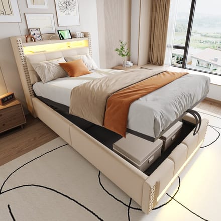 MODFU Ledikant 90x200 cm – linnen beige – met LED, USB en hydraulische opbergruimte – slim design