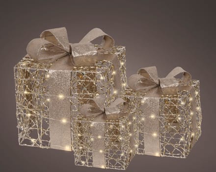Set van 3 gouden LED-cadeautjes met timer – warm wit licht – voor binnen