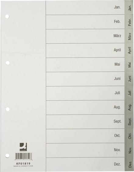 Q-CONNECT tabbladen, A4, PP, 4-gaatsperforatie, met indexblad, set van Jan-Dec, grijs 25 stuks