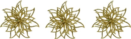 Decoris Decoratie bloem - 8x stuks - goud - op clip - 14 cm - glitter - kerstversiering
