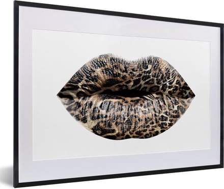 Fotolijst incl. Poster - Lippen - Tijgerprint - Wit - 60x40 cm - Posterlijst