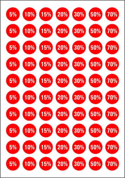 Korting stickers diverse percentages op vel - 70 stuks