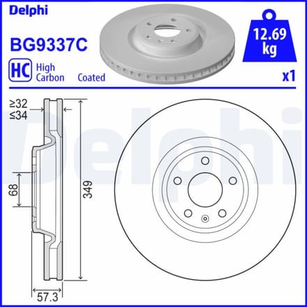 Remschijf DELPHI BG9337C voorkant, geventileerd, sterk gecarboniseerd, 1 Stuk