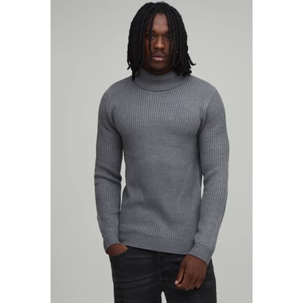 Lange Gespierde Geribbelde Coltrui Gebreide Trui | Charcoal | Size Small