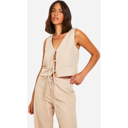 boohoo Dames Pinstripe Tie Front Tailored Waistcoat | Stone | Maat: 8