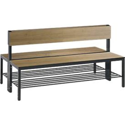 Basic Plus bank, 2-zijdig, met rugleuning en schoenenrek, 4-poots frame zwart-grijs RAL 7021, B 1500 mm, eiken Ser.