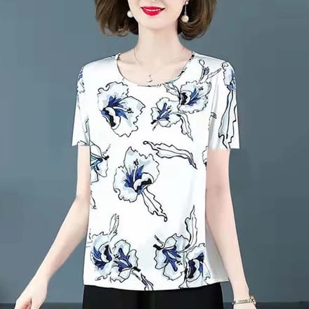 T-shirt Imprimé en Soie Glacée pour Dames Ample Col Rond Manches Courtes Décontracté Fin Pull Haut Été Nouvelle Mode Tenue Quotidienne M blanc