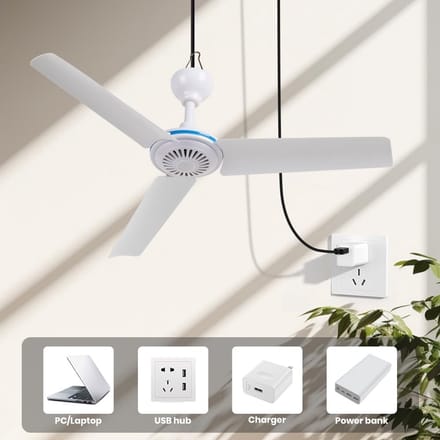 Plafondventilator - Draagbare Plafondventilator - Stille Ventilator - USB Aangedreven - met 3 Afneembare Ventilatorbladen - Wit