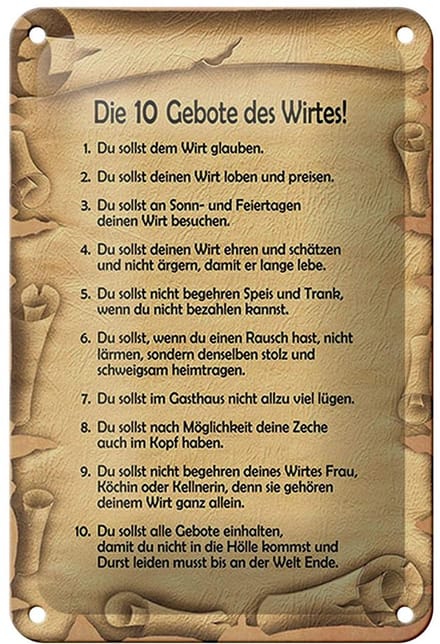 Blechschild Spruch 12x18cm die 10 Gebote des Wirtes Dekoration