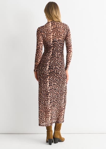 Bruine mesh jersey maxi jurk met dierenprint