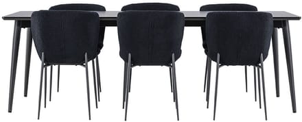 Ellis eethoek tafel 85x230cm en 6 teddy stoelen zwart.
