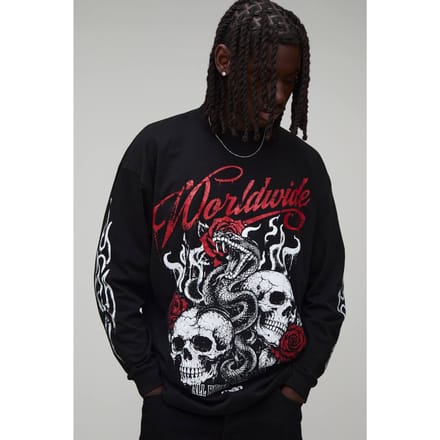 Zwart Oversized Gothic Tattoo Print Shirt Met Lange Mouwen | Black | Size Medium