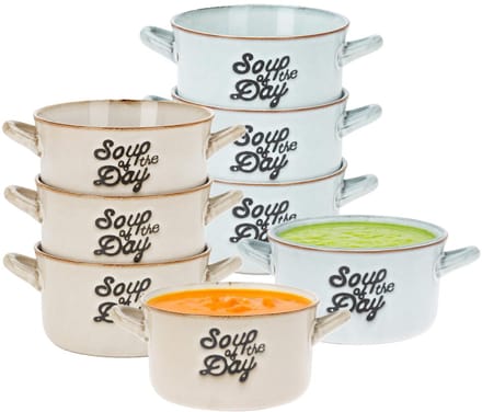 Soepkommen set - 8x - beige/lichtblauw - 500ml - porselein - met oren